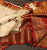 Kora Organza Banarasi Saree - Offwhite Red - Saree - Aakritee - S10568